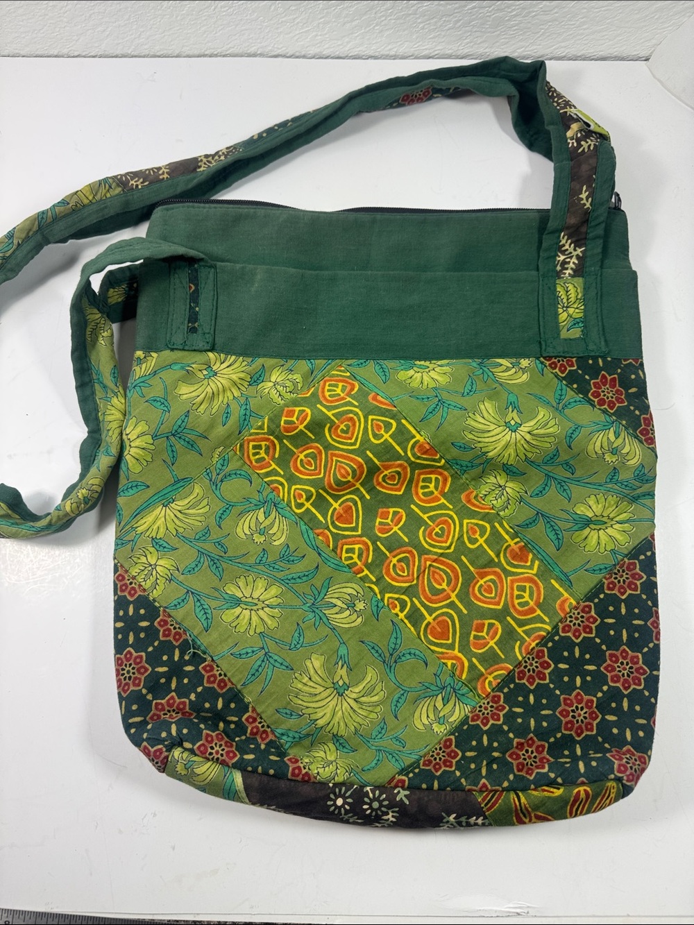 Jugaad Green Floral Patchwork Crossbody Tote by